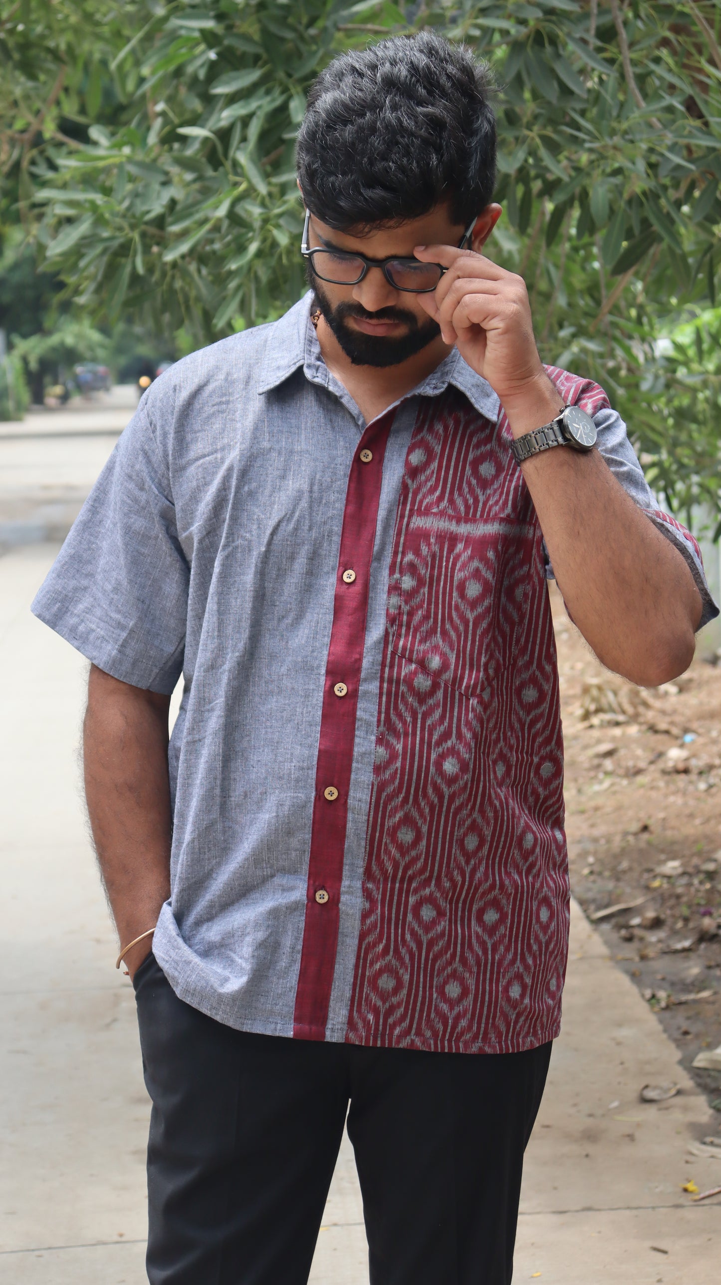 Grey Linen & Maniabandha Handloom Unisex Shirt