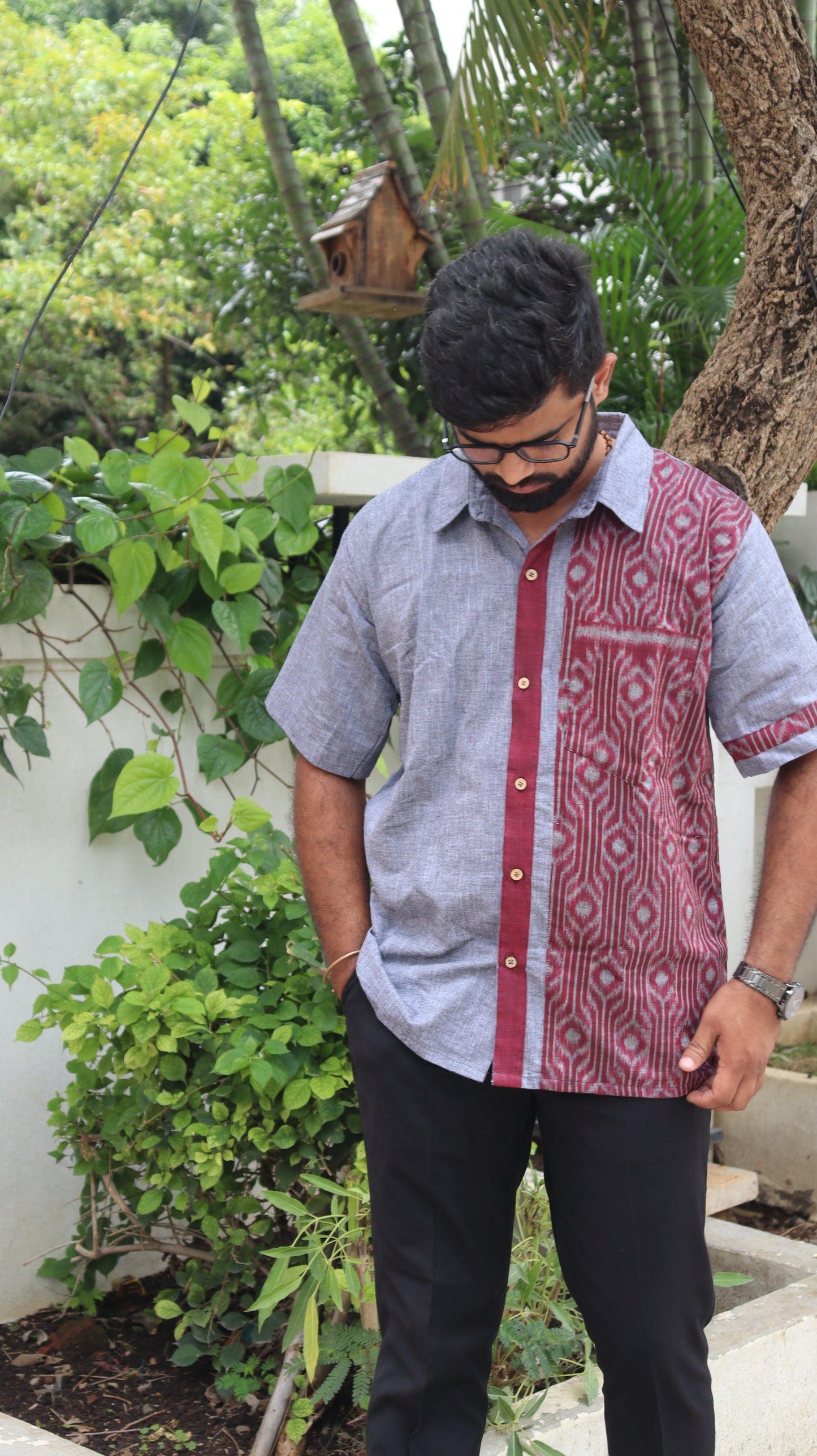 Grey Linen & Maniabandha Handloom Unisex Shirt