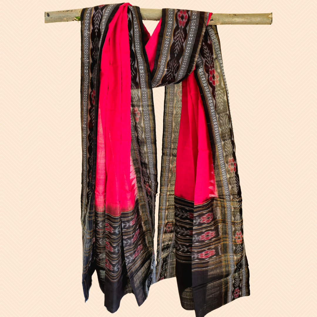 Red with black border Sambalpuri Dupatta - Earthyweaves