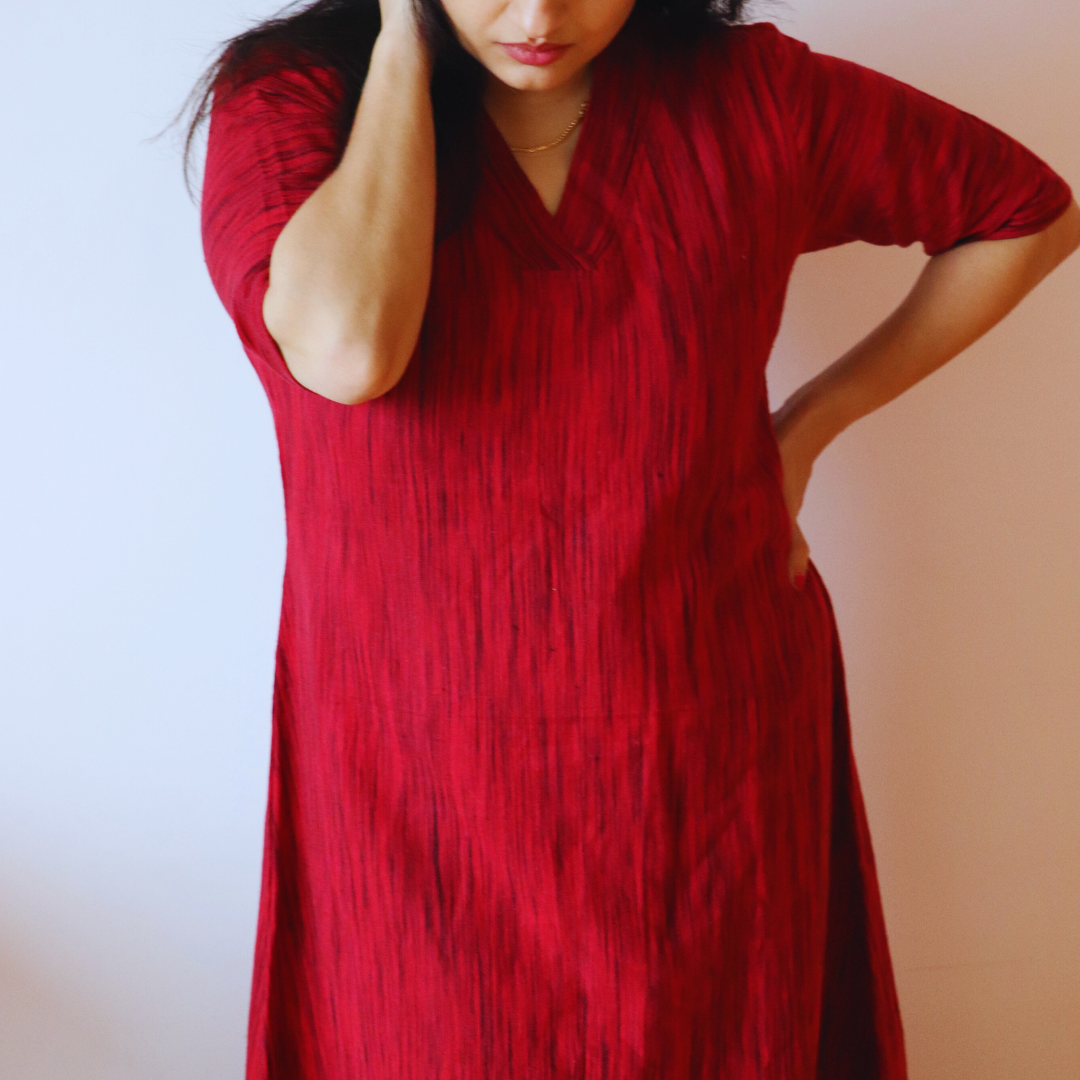 "Drishti" Red Kala Cotton Dress - Earthyweaves