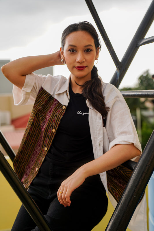 White and Black Handloom Cotton Unisex Shirt